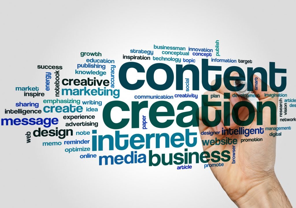 Content creation word cloud concept on grey background.